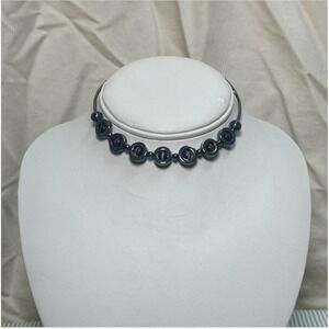 VTG Hematite & Cat-Eye Bead Choker Wrap Wire Necklace Y2K Goth Grunge Minimalist